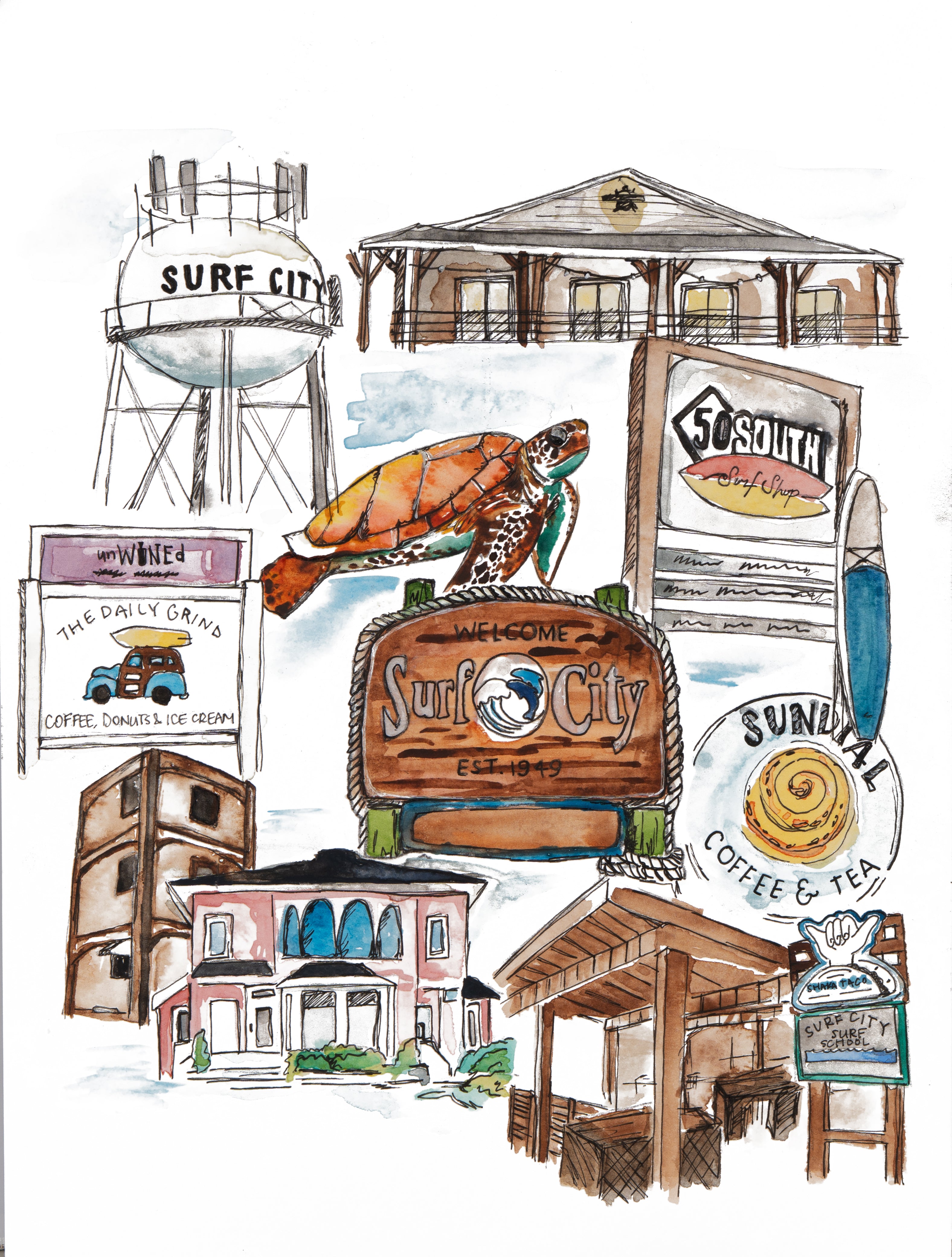 Surf City Landmarks Print