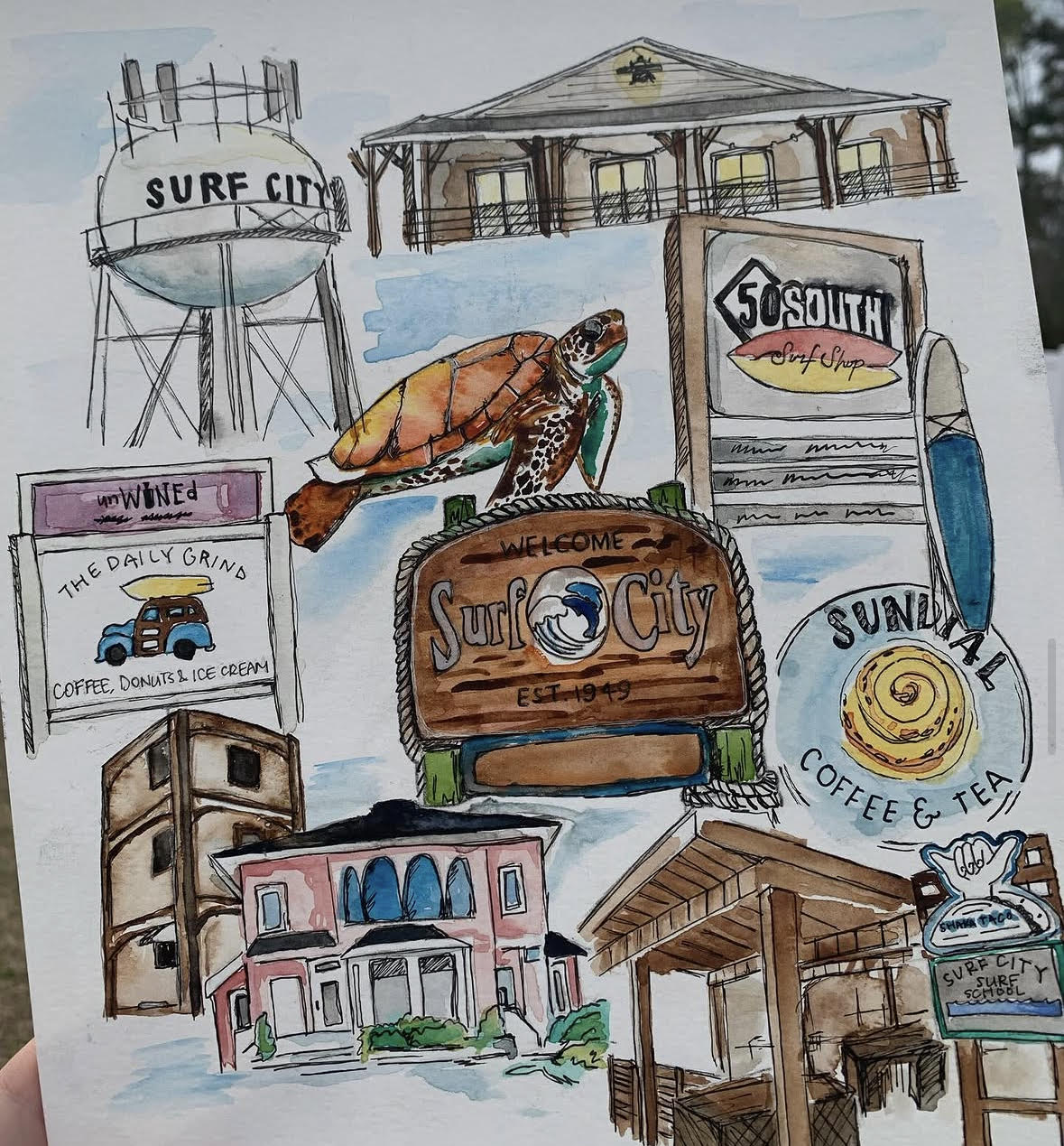 Surf City Watercolor Print 8"x10"